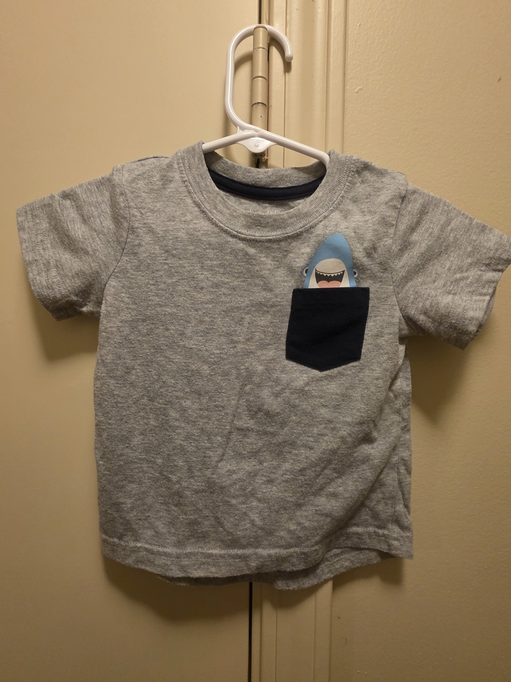 okie dokie Gray Tee with Navy Pocket and Blue Shark